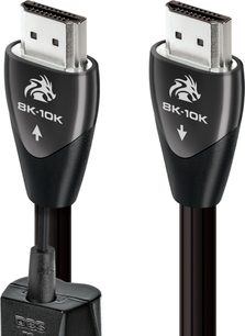 Dwa czarne kable HDMI 8K-10K AudioQuest Dragon ze srebrnymi złączami, widok z przodu na białym tle