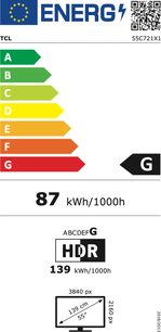 Europæisk energimærke for en TCL 55C721 TV i klasse G, der bruger 87 kWh/1000h i HDR og 139 kWh/1000h