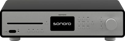 Sonoro Maestro Quantum alt-i-ét lydsystem i skinnende sort og sølv, front med skærm, knapper og gitter