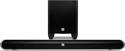 JBL SB350 soundbar i sort, set forfra, med rektangulær sort subwoofer placeret lodret bagved