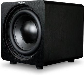 Subwoofer Velodyne Deep Blue 8 nero, vista frontale, altoparlante circolare centrale, cabinet cubico in legno nero