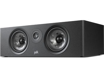 Caixa acústica central Polk Audio R400 preta, vista frontal, com dois alto-falantes circulares e um tweeter central, em um gabinete retangular preto fosco