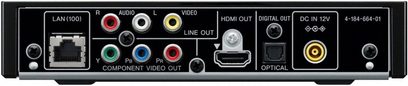 Sony SMP-N100 sort netværksaudioafspiller, bagside, analog og digital lyd-/videotilslutning, Ethernet, strømforsyning