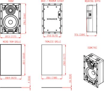 Zapuštěný nástěnný reproduktor Sonance, technický náčrtek s rozměry v milimetrech a výbušný diagram vnitřních komponentů