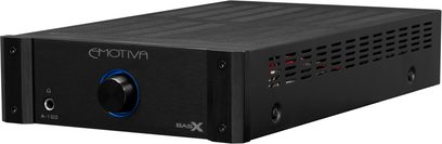Emotiva BASX A-100 sort hi-fi stereoforstærker, front med blå drejeknap, stik og ventilationsgitter