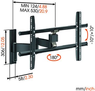 Vægbeslag til TV med dobbeltarm, 180° rotation, minimale og maksimale dimensioner i mm, teknisk synsvinkel