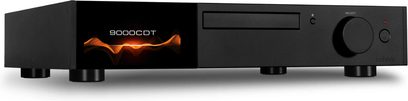 Audiolab 9000CDT musta värvi kõrglahutusega CD-mängija oranže laineid kuvava ekraani, CD-sahtli, pöördnupu ja ümmarguste jalgadega