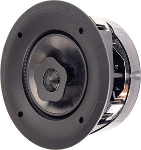 Ceiling-mounted P65-RX v2 speaker, perspective view, black circular front with central tweeter and visible side components