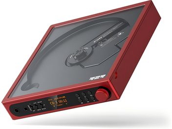 Odtwarzacz CD hi-fi FiiO DM15 R2R czerwony, przezroczysta ukośna obudowa, przedni wyświetlacz i duży pokrętło