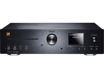 Système haute-fidélité Magnat MC 400 noir, vue de face, façade avec boutons, molette, écran, port USB et lecteur CD