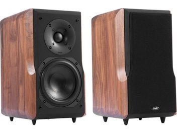 Enceinte bibliothèque Chario Constellation Lynx mk2 avec boîtier en bois, un haut-parleur visible et une grille noire amovible