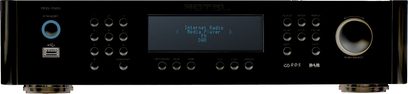 Rotel RDG-1520 sort netværksaudioafspiller, frontvisning, blåt LCD-display, sølvfarvede knapper og drejeknapper, USB- og RCA-porte