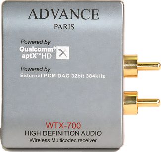 Trådløs højdefinitions multikodeks-audiotransmitter Advance Paris WTX-700, set forfra, guldbelagte stik
