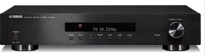 Yamaha T-S500 sort tuner, frontvisning, digitalt FM-display 88,55 MHz, 8 trykknapper, volumenkontrol, hovedtelefonstik
