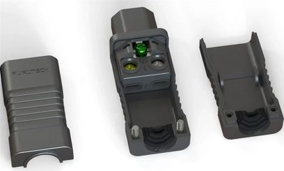 Furutech FI-C15 NCF (R) strømstikadapter i grå plast, set ovenfra, tre dele åbne, skrueklemmer