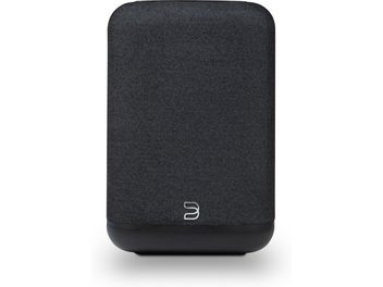 Boxă inteligentă conectată BlueSound PULSE FLEX neagră, vedere din față, fațadă din material textil negru, bază din plastic mat, logo argintiu în partea de jos