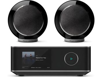 Elipson-audiosysteem met twee zwarte Planet L-luidsprekers en netwerkspeler met kleurenscherm