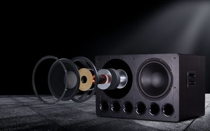 Black home cinema subwoofer with exploded view of the speaker and four round front-facing ports