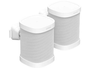 Dvi baltos cilindrinės perforuoto metalo „Sonos Wall Mount" garsiakalbių sieninės atramos, matomos iš priekio baltame fone