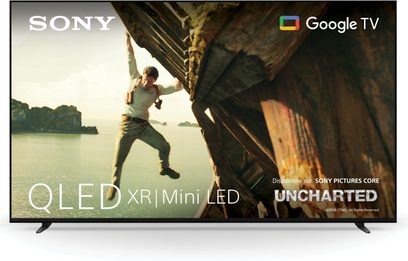 Sony BRAVIA 7 65XR70 højopløsnings-tv i sort, slankt metalramme, næsten kantløst fladskærmsdesign, fødder placeret yderst, set forfra