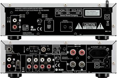 Denon D-F107 sort mini-stereoanlæg set forfra og bagfra, frontpaneler med knapper, stik og LED-display