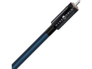Kabel for subwoofer Wireworld Oasis 10 Mono 6m, svart sylinderformet kontakt med hvit skrift, mørkeblå kabelstrømpe