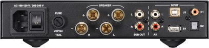 Amplificator stereo Nuprime IDA-9 negru, vedere din spate, carcasă metalică, borne pentru căști aurii, RCA, USB, coax/optic, priză IEC și siguranță
