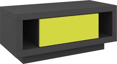 Rektangulært sort TV-møbel med en iøjnefaldende gul nedfældbar dør i midten, set forfra i perspektiv
