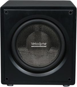 Velodyne VI-Q 15 sort bashøjttaler set forfra, blank kubeformet kabinet og centreret højttalerenhed med flettet membran