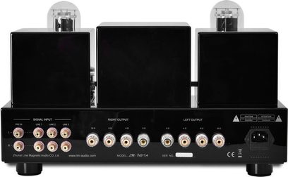 Line Magnetic LM-845IA sort hi-fi rørforstærker, set forfra, med to rør, audio-indgange og -udgange på bagsiden