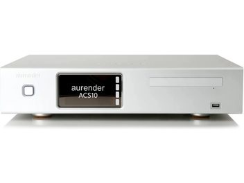 Aurender ACS10 gümüş yüksek kaliteli CD çalar, merkezi ekran, disk tepsisi ve USB bağlantı noktasının önden görünümü