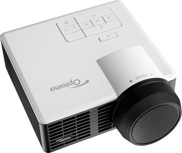 Optoma ML1050ST hvid videoprojektor, set ovenfra, med kontrolknapper og sort linse på højre side