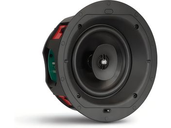 Стельовий вбудований динамік PSB CS610 чорного кольору, з пластику та металу, вид 3/4, центральний твітер, червоні гвинти та кріплення