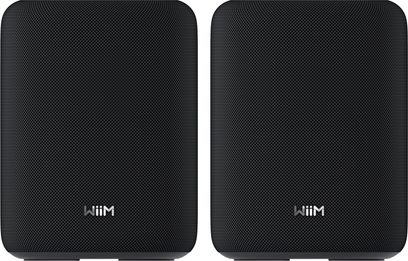 WiiM Sound Lite sorte smarte højttalere, sæt med to, frontpanel, fin stofoverflade og diskret logo
