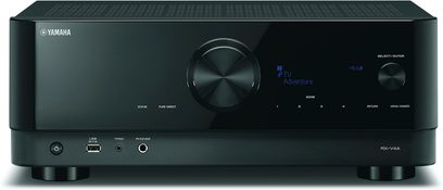 Yamaha RX-V4A sort home cinema-forstærker set forfra, blåt display, knapper og tilslutninger