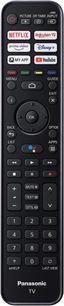 Sort Panasonic TV-fjernbetjening med flerfarvet knapper til streaming-apps, navigation og kontrol, set forfra