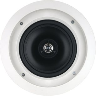 JBL HTI6C indbygningshøjttaler til loft, set forfra, rund, hvid kant, sort midte med JBL-logo, fire synlige skruer