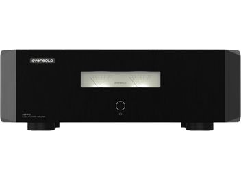 Wzmacniacz mocy hi-fi EverSolo AMP-F10, widok z przodu, czarna obudowa, centralny ekran, okrągły przycisk na dole