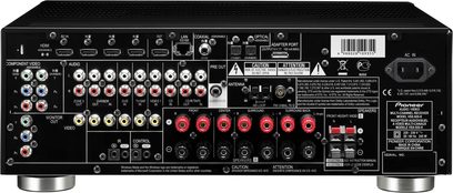 Pioneer VSX-920 hjemmebiografsforstærker, bagside, top view, mange lyd/video-stik, FM-antenne, højttalerstik