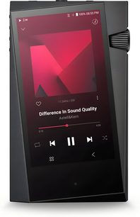 Astell&Kern SR35 audiophile portable music player in charcoal gray, with illuminated screen displaying vivid red user interface