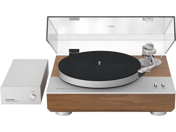 Gramofon Unitra GSH-801 Edmund ve stříbrné barvě s americkým ořechovým dřevem, průhledný kryt ve zdvižené poloze, napájecí blok vlevo