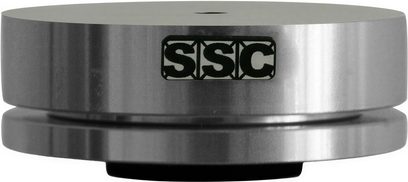 SSC Liftpoint 1.6 solid aluminum silver counterweight, top close-up view, cylindrical shape, shiny metallic surface