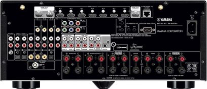 Ampli home-cinéma Yamaha RX-A2080 noir, face avant, vue de face, nombreuses prises audio/vidéo, boutons et molettes de réglage