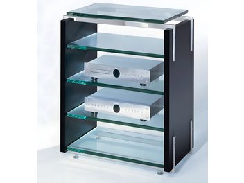 Schroers & Schroers Charisma Audio sort og glas hi-fi møbel, 3 hylder, til 2 lydenheder, set forfra