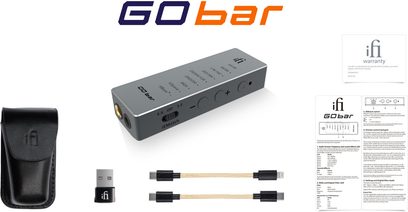 Bærbar iFi Go bar grå audio-konverter, USB-C og USB-A til USB-C-kabler, sort læderetuitetui, brochure