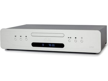 CD-Player Atoll Electronique CD50 Evolution silber, Vorderansicht, Frontplatte mit runden Tasten, blaues Digitaldisplay