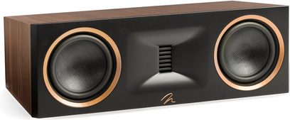 MartinLogan Motion XT C100 senterhøyttaler i valnøtt med to svarte, sirkulære høyttalere med kobberkant og en sentral diskant