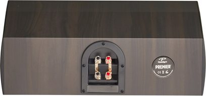 Diffusore centrale Paradigm Premier 500C, vista posteriore, connettori dorati, pannello nero, etichetta circolare a destra