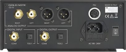 Odtwarzacz CD hi-fi Gold Note CD-10 czarny, widok z tyłu, złącza analogowe i cyfrowe, gniazdo zasilania, przełącznik