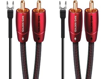 Dva audiofonní kabely RCA Audioquest Golden Gate červený a černý, pozlacené konektory, černý a červený opletený plášť